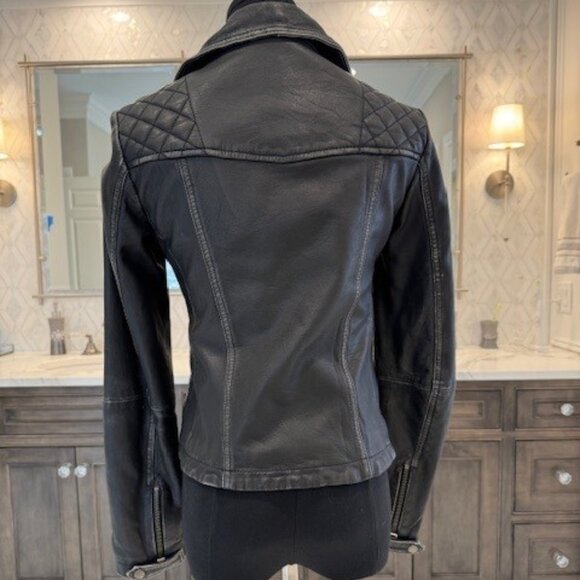 Black distressed ALLSAINTS leather biker jacket US 0.  EUC. - Picture 2 of 6